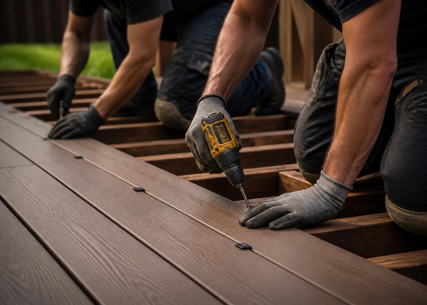 Crew fastening composite deck boards onto new framing