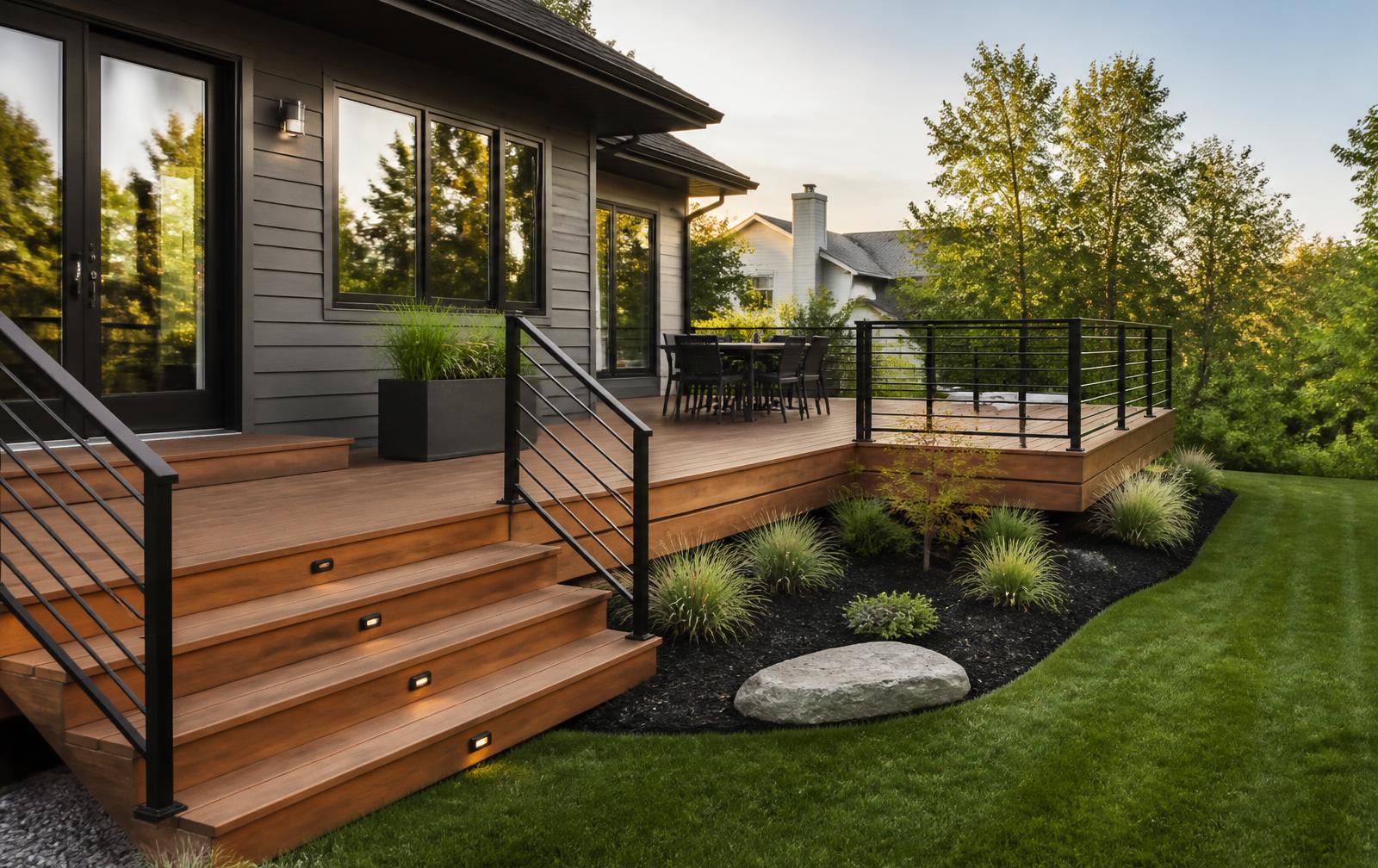 Finished modern deck with warm wood and black railing