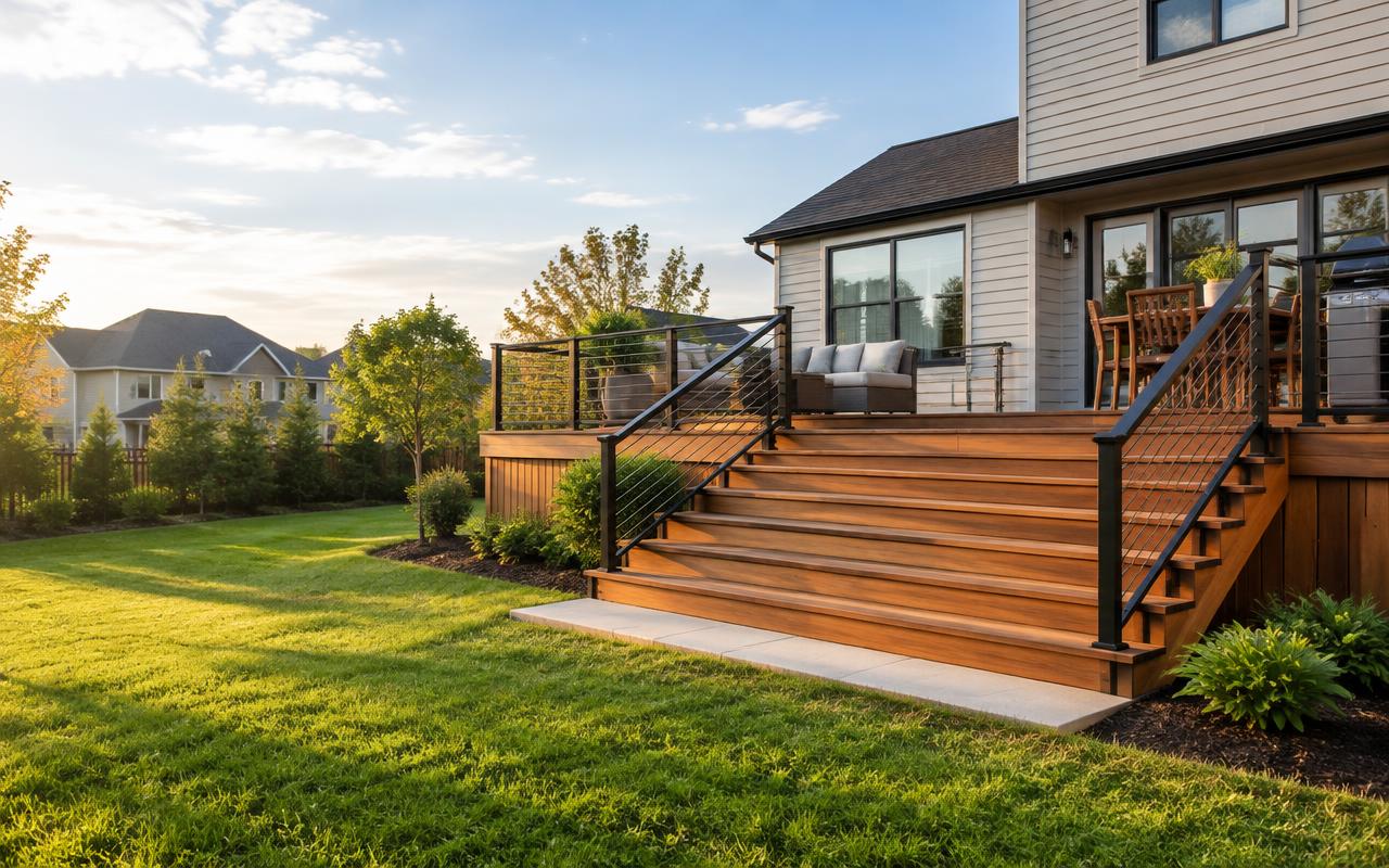 New warm wood deck with broad stairs and black railing beside a suburban home
