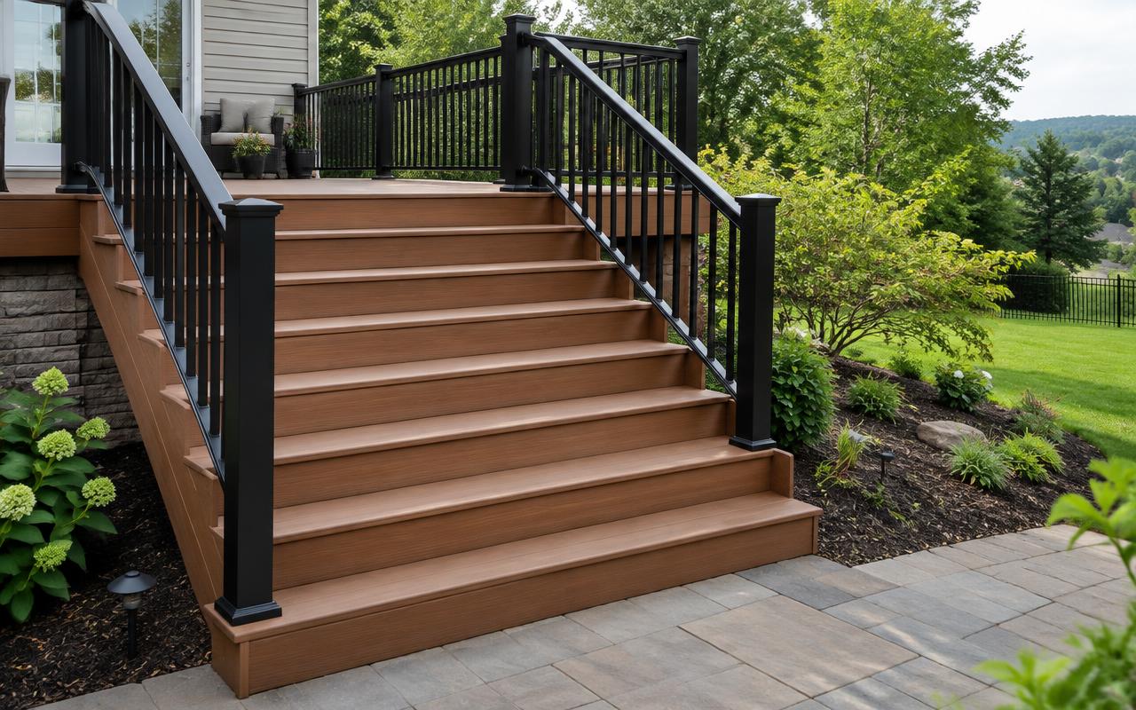 Wide composite deck stairs with black handrails leading to a landscaped yard