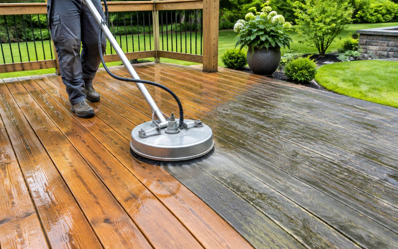Professional surface cleaner revealing clean wood beside a weathered deck surface